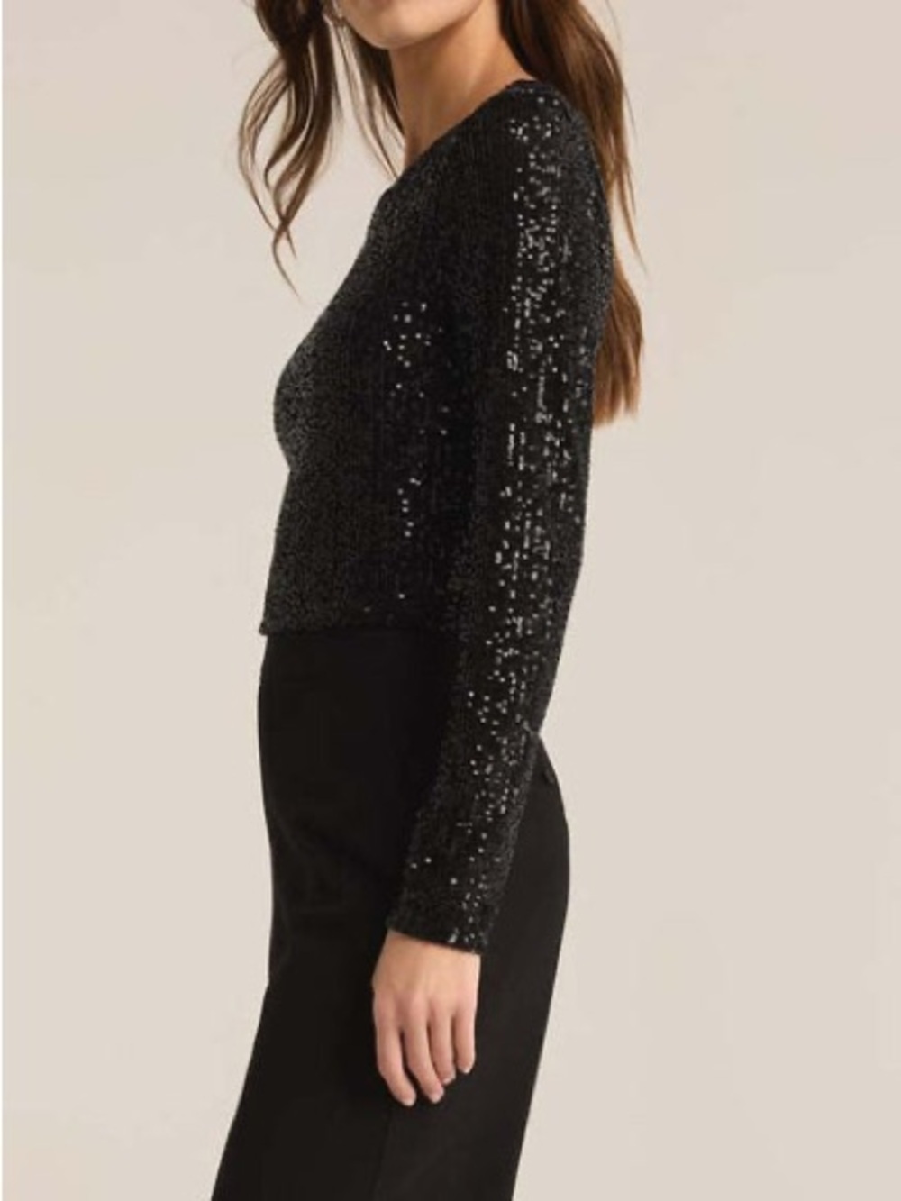 Z Supply Women’s Aurora Black Sequin Long Sleeve Crop Top Size Large - Picture 2 of 13